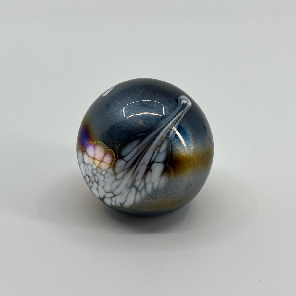 Vtg George Good Art Glass Paperweight Iridescent Blue White Swirl Orb Taiwan